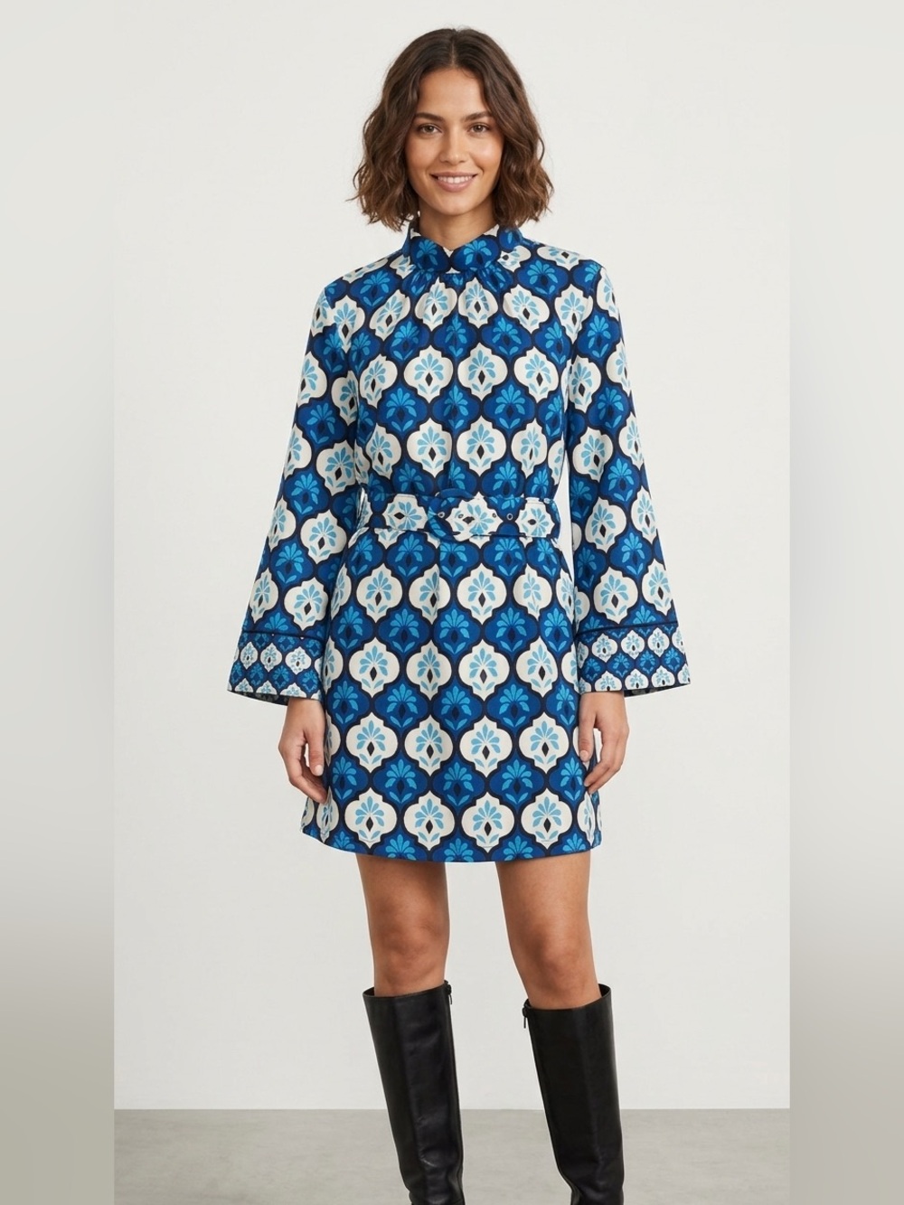 ZARA Retro Geometric Print Belted Mini Dress High Neck Bell Sleeve Blue Small